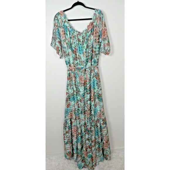 Unique Vintage Sample Dress Plus Size 3XL Green Floral Off The Shoulder Maxi - Picture 7 of 14